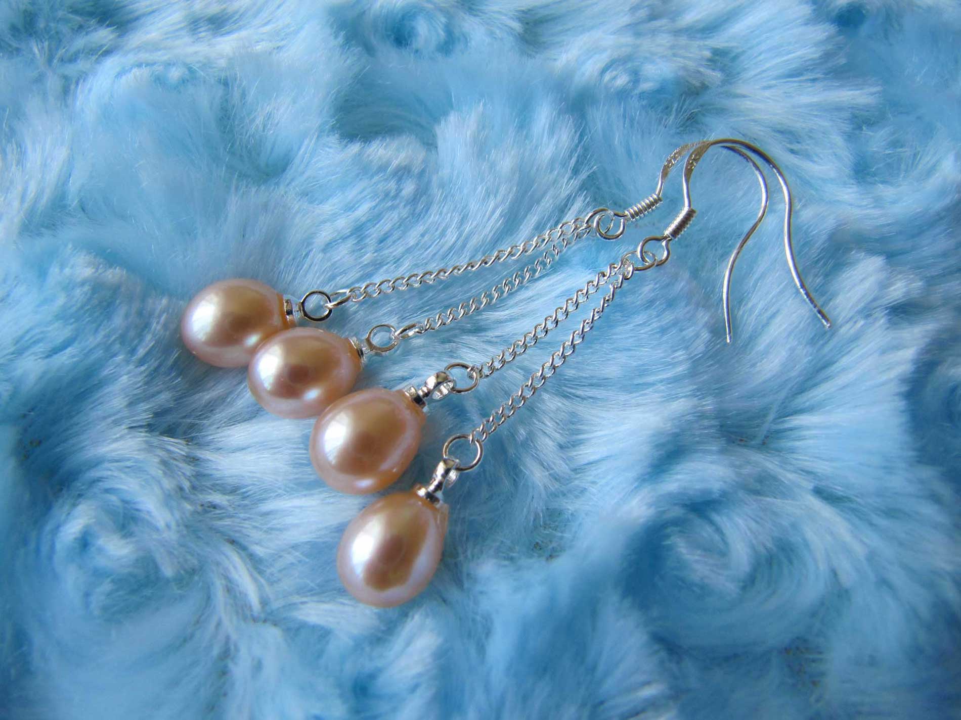 6.5-7mm Peach Freshwater teardrop Pearl 2 dangles earrings - Click Image to Close